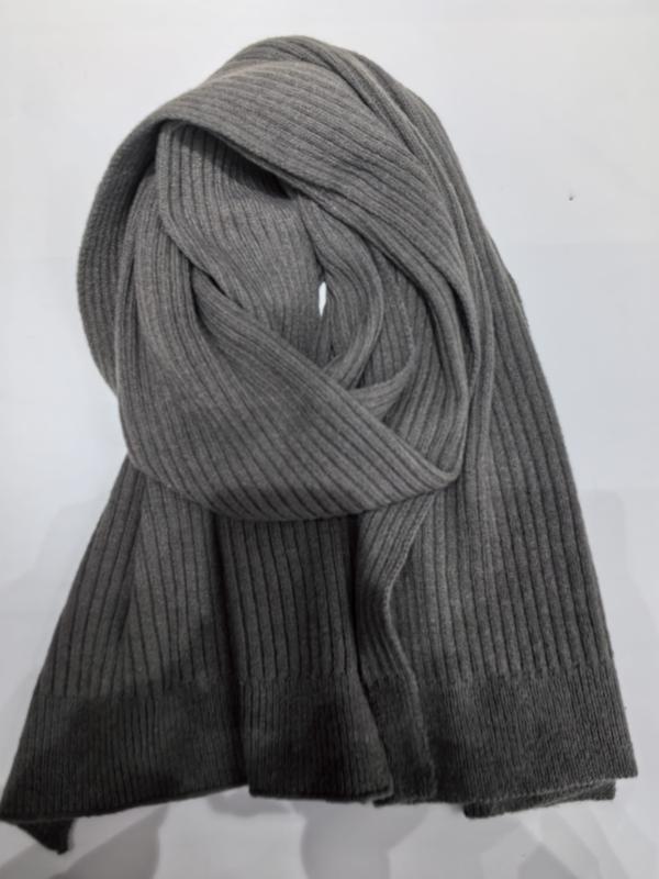 Heather gray ribbed knit winter scarf loosely coiled and displayed against a white background - request quote reply same day