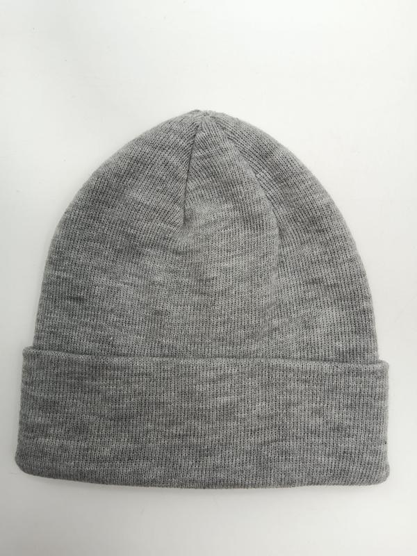 Heather grey ribbed knit cuffed beanie hat laid flat on white background, plain and unisex - sample order 10pcs available