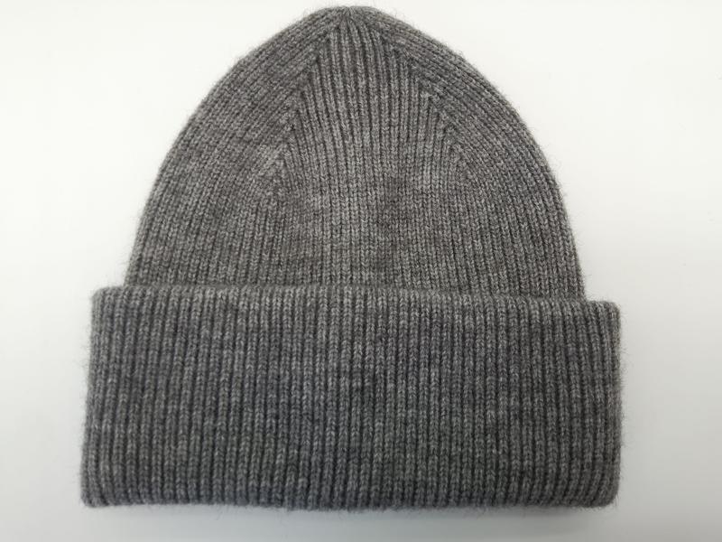 Heather grey ribbed knit beanie hat with wide folded cuff, laid flat on white background, soft wool blend - contact for custom design quote