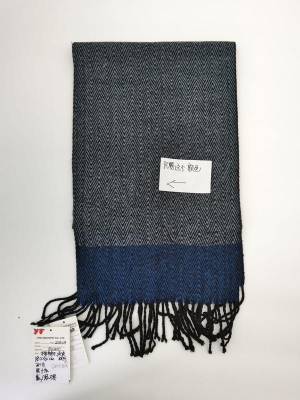 Grey and blue herringbone woven scarf with color block design and black fringe trim, laid flat on white background - certified scarf manufacturer China - factory direct price no middleman