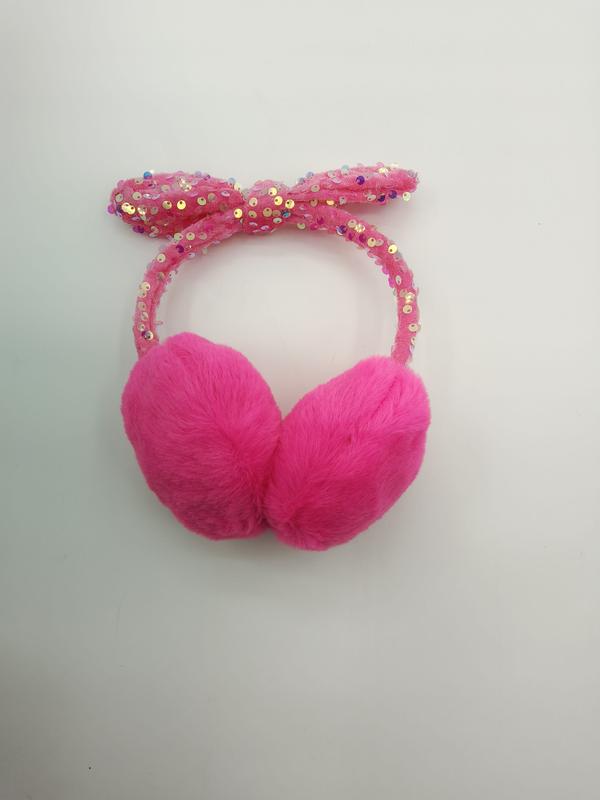 Hot pink fluffy winter earmuffs with sparkly sequin-covered pink bow headband on white background - wholesale price for Europe buyers