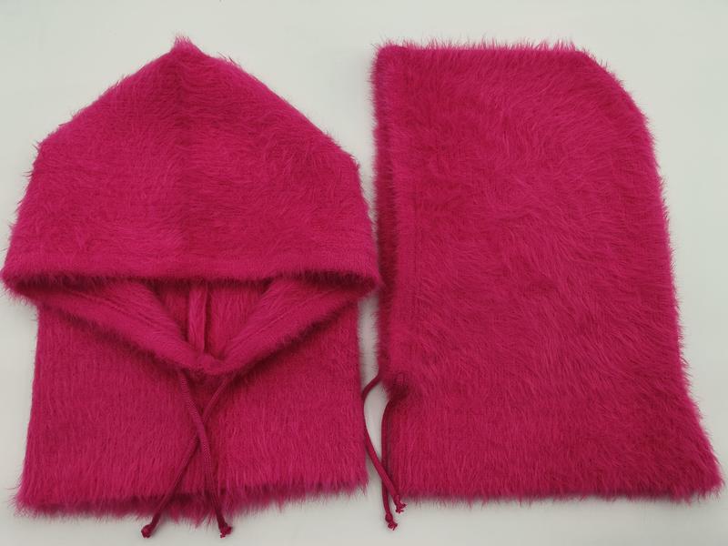 Hot pink fluffy faux fur hooded scarf with drawstring and matching rectangular neck warmer set laid flat - boutique retail bulk order