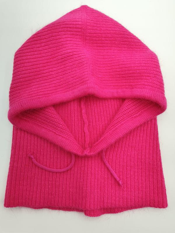 Hot pink ribbed knit balaclava face mask with drawstring ties, laid flat on white background - winter accessories wholesaler