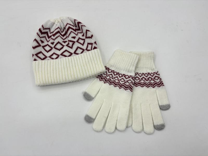 Cream knit winter hat and matching touchscreen gloves with burgundy geometric Fair Isle pattern on white background - jacquard custom pattern accepted