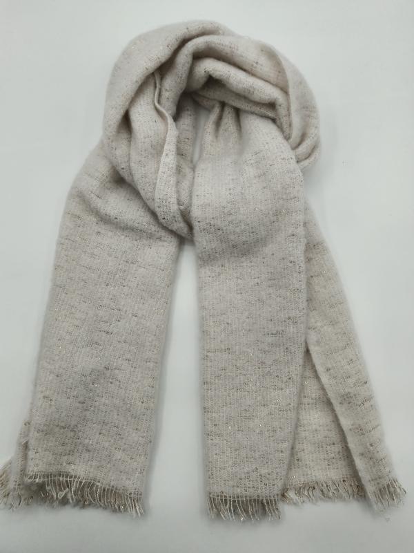 Soft ivory beige woven wrap scarf with subtle sequin embellishments and delicate fringe hem, folded on white background - certified scarf manufacturer China - corporate gift customization
