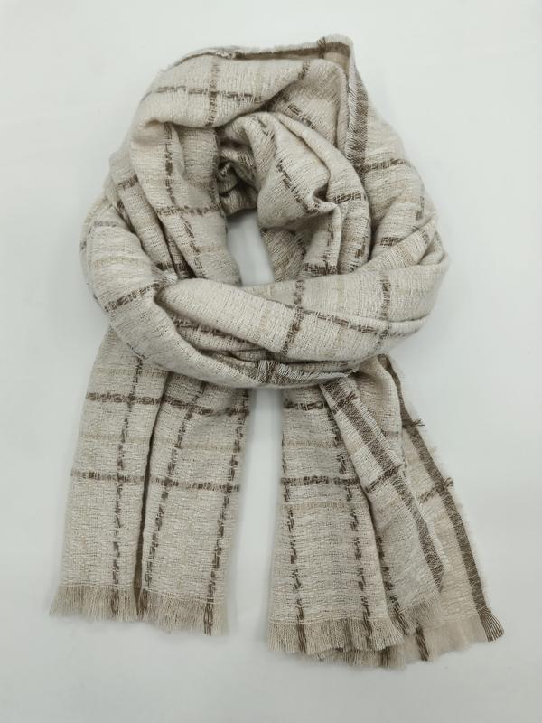Lightweight ivory and brown plaid woven scarf with fringe edges, loosely wrapped and displayed on white background - express production 15 days