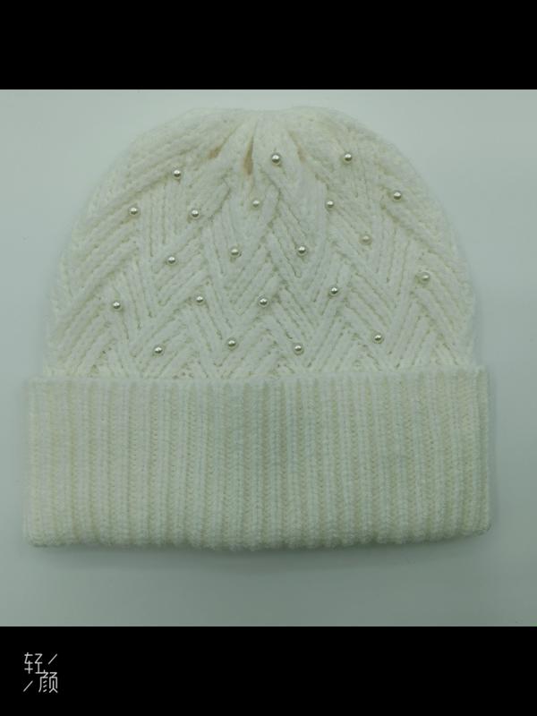 Cream white chunky knit beanie hat with chevron zigzag pattern and scattered pearl bead embellishments, folded cuff - small batch 100pcs accepted