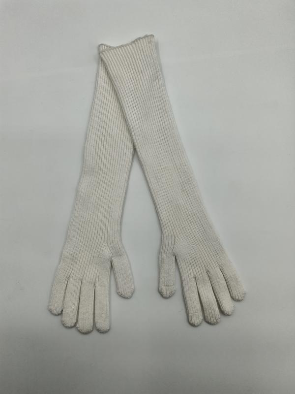 Pair of long ivory ribbed knit opera gloves laid flat on white background, showing full finger and elbow-length design - gift shop wholesale supplier