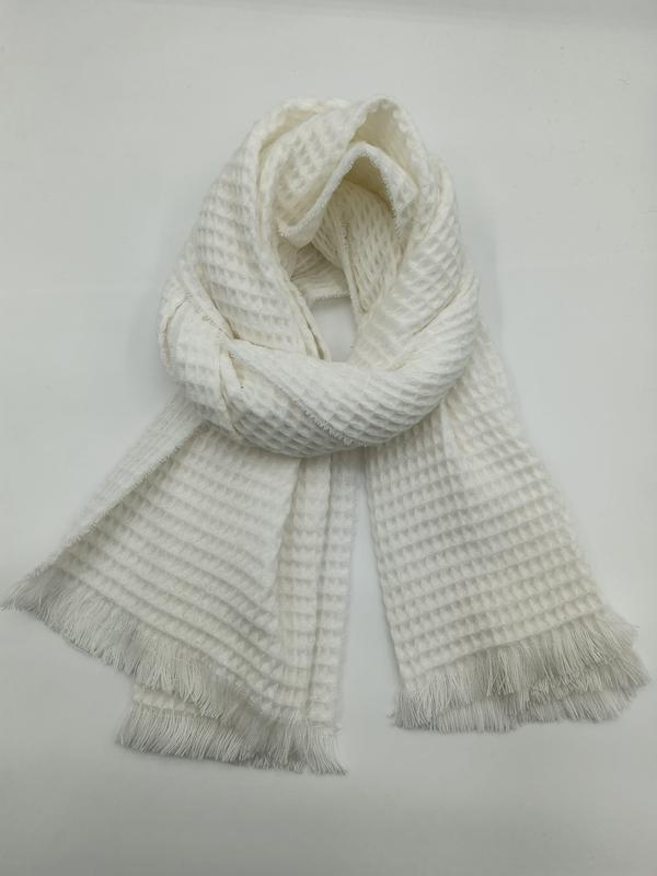 Cream ivory waffle textured scarf with fringe trim, loosely knotted and displayed flat on white background - MOQ 100pcs mixed colors OK