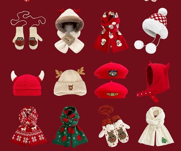 Collection of 12 kids Christmas winter accessories including red knit hats, reindeer beanies, snowman scarves, and mittens on dark red background - factory direct price no middleman