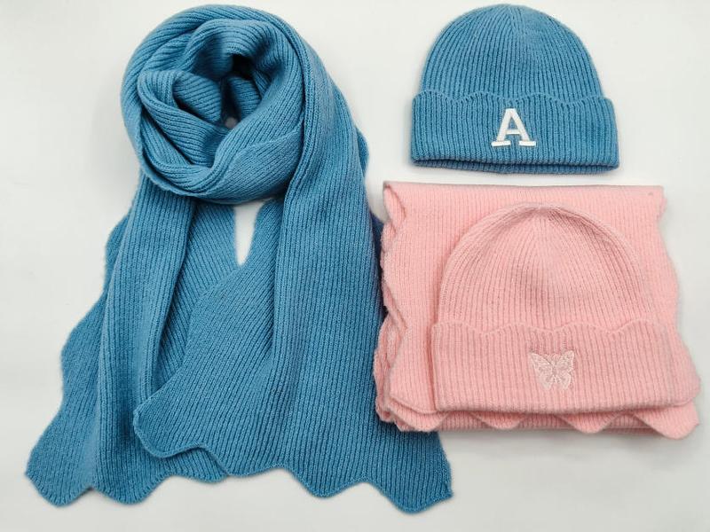 Blue knit scarf with letter A embroidered beanie and pink butterfly embroidered beanie hat scarf set on white background - low MOQ 50pcs trial order