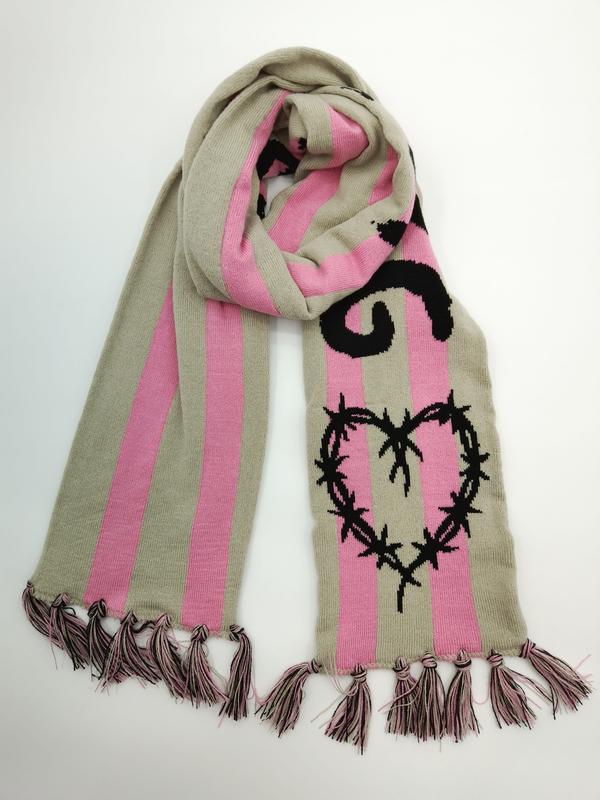 Knitted beige and pink striped scarf with black barbed wire heart graphic and tassel fringe ends - no MOQ for stock designs