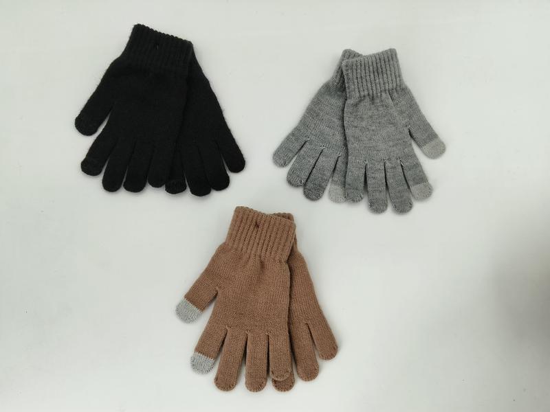 Three pairs of knit winter gloves in black, gray, and tan with touchscreen-compatible fingertips laid flat on white background - jacquard custom pattern accepted