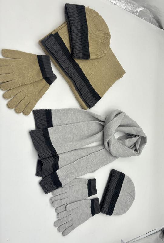 Two knit winter accessory sets with beanie hat, scarf, and gloves in tan and light grey with dark stripe accents - 5-day digital sample ready