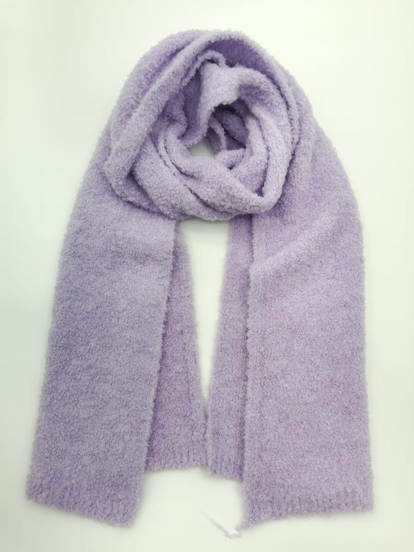 Soft lavender purple boucle knit oversized scarf looped and laid flat on white background - retail buyer inquiry welcome - BSCI + Oeko-Tex + GRS certified