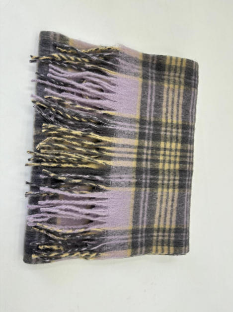 Folded lavender, grey and beige tartan plaid wool throw blanket with twisted fringe trim on white background - low MOQ 50pcs trial order