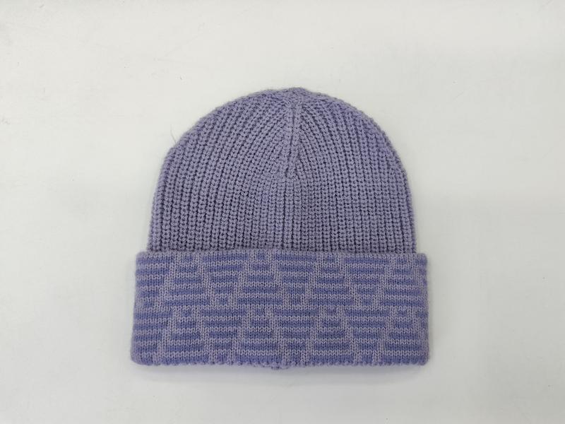 Lavender purple ribbed knit beanie hat with folded jacquard patterned cuff on white background - jacquard custom pattern accepted
