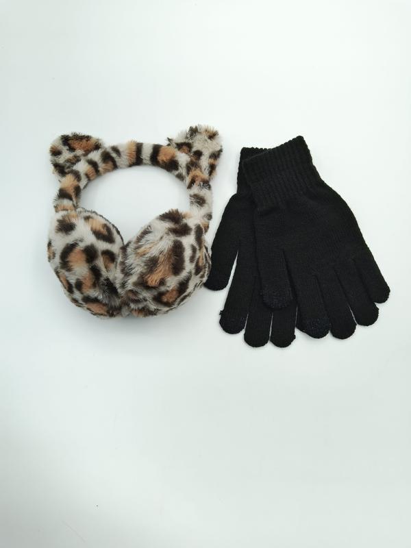 Leopard print faux fur earmuffs with cat ears and black knit touchscreen gloves winter accessories set on white background - bulk order 500+ pcs extra 8% off