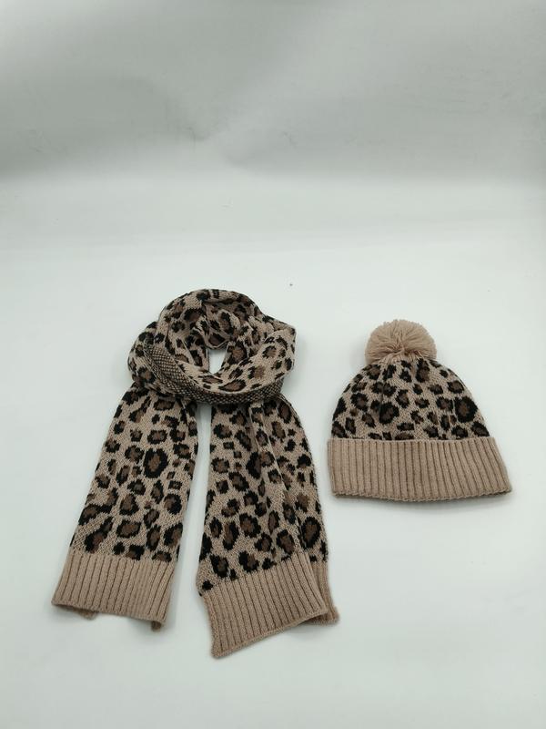 Matching leopard print knit scarf and pom-pom beanie hat set in tan and brown animal print pattern - corporate gift customization