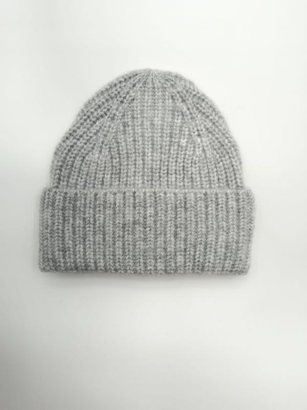 Light grey chunky ribbed knit beanie hat with folded cuff, laid flat on white background, soft wool blend - winter accessories wholesaler