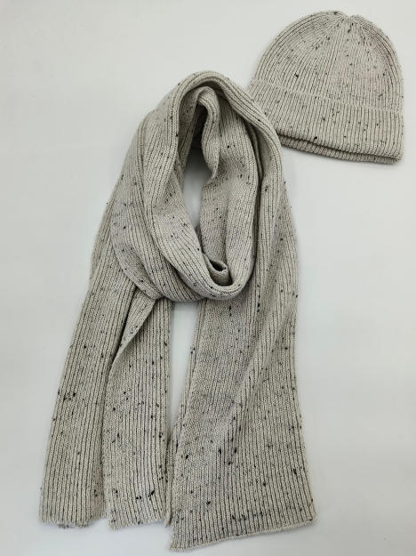 Light grey ribbed knit scarf and matching beanie hat set with dark fleck speckle pattern on white background - tiered pricing available ask quote