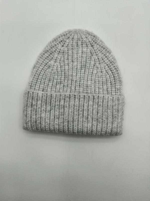 Light grey marl chunky ribbed knit beanie hat with folded cuff, laid flat on white background - sample order 10pcs available