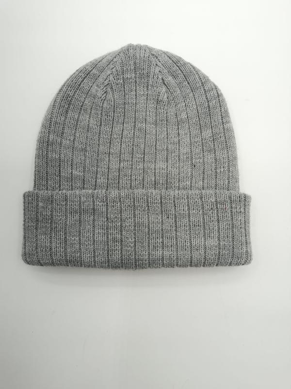 Light grey marl ribbed knit beanie hat with folded cuff, laid flat on white background - custom Pantone color matching