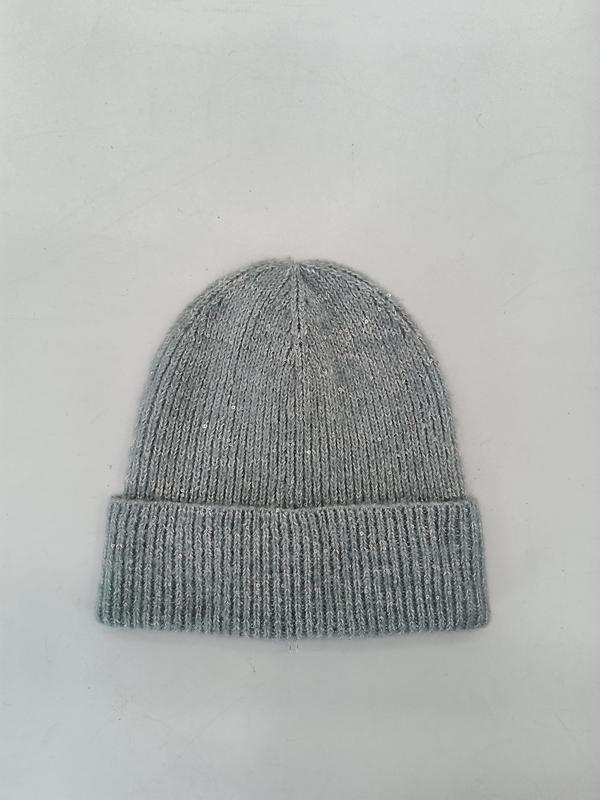 Light grey fine knit beanie hat with subtle silver sequin details and ribbed folded cuff, flat lay on white background - winter accessories wholesaler