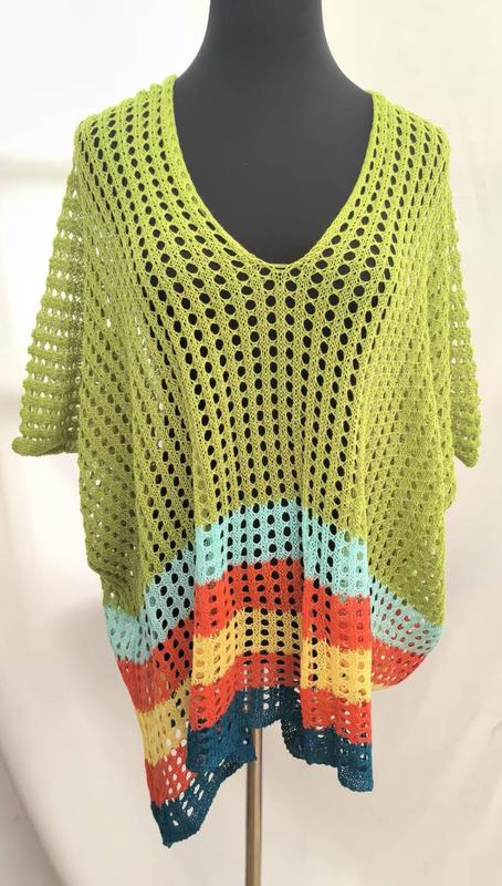 Lime green open-knit crochet mesh top with multicolor stripes in teal, red, orange, and yellow on mannequin - express production 15 days