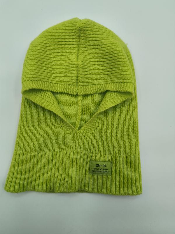 Lime green ribbed knit balaclava ski mask laid flat on white background, showing face opening and woven label - EU REACH compliant material