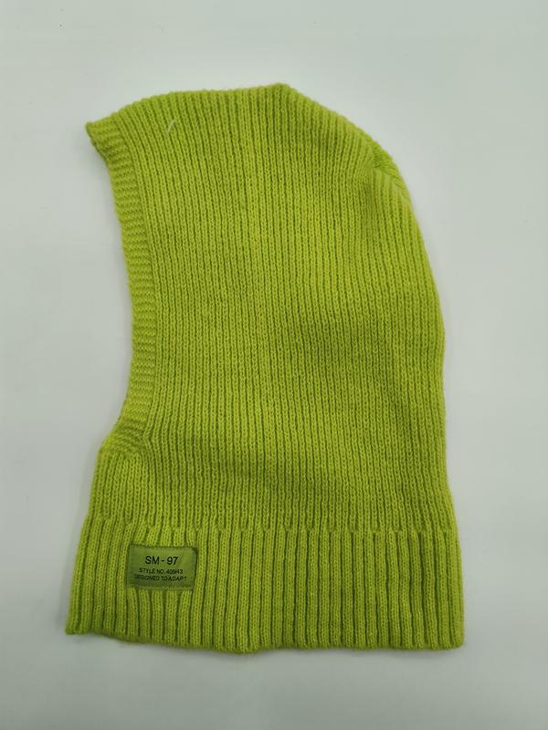 Lime green ribbed knit balaclava full face ski mask laid flat on white background with small label patch - custom logo label accepted