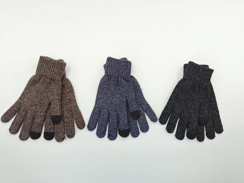 Three pairs of marled knit touchscreen winter gloves in brown, navy blue, and charcoal gray laid flat on white background - certified scarf manufacturer China - boutique retail bulk order
