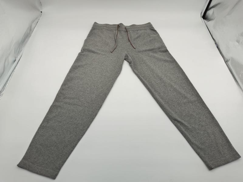 Flat lay of grey marl slim tapered jogger sweatpants with brown drawstring waistband and side pockets - BSCI + Oeko-Tex + GRS certified