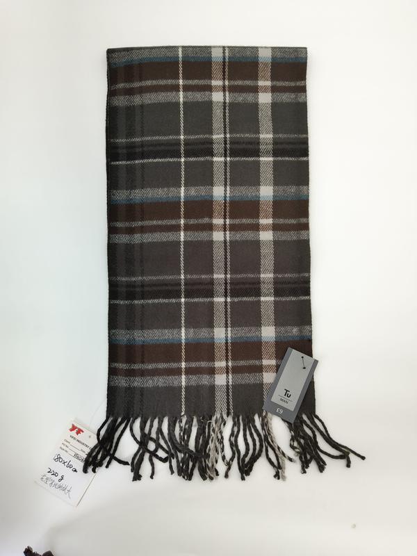 Men's grey and brown tartan plaid scarf with white and blue accents and knotted fringe ends laid flat on white background - bulk order 500+ pcs extra 8% off