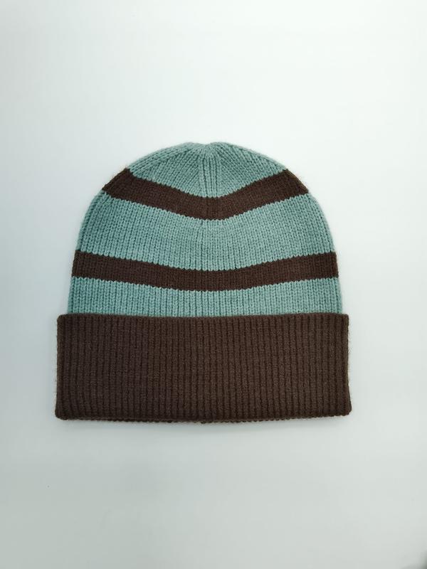 Flat lay of a mint green and dark brown striped knit beanie with ribbed cuff on white background - small batch 100pcs accepted