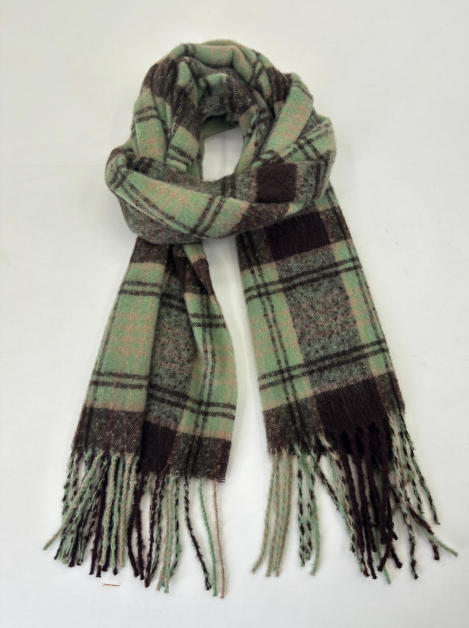 Mint green and dark brown plaid tartan scarf with fringe ends, looped and laid flat on white background - free sample within 7 days