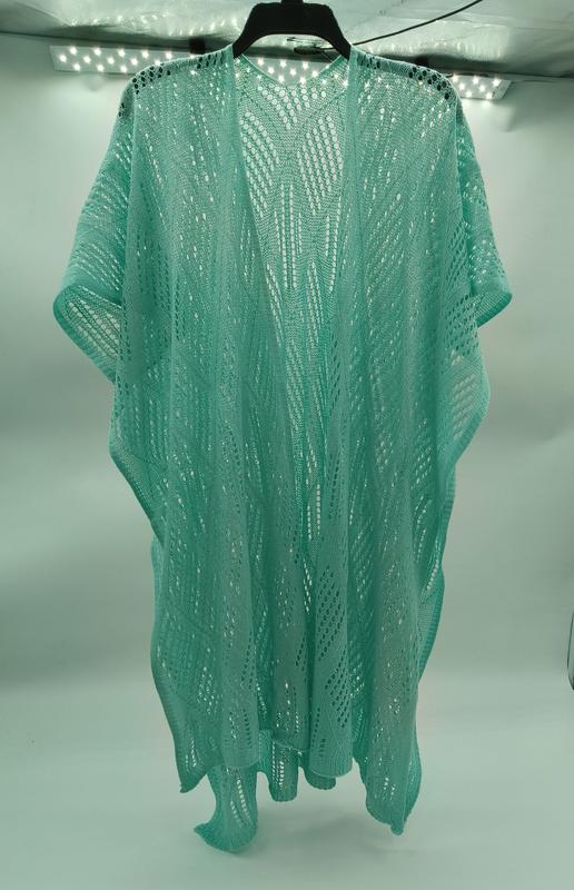Mint green open-knit lace kimono cardigan with wavy lace pattern, short sleeves, and long length, displayed on hanger - BSCI + Oeko-Tex + GRS certified