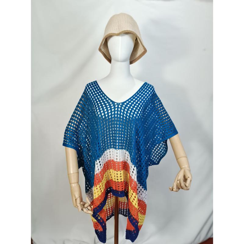 Mannequin wearing blue orange yellow striped crochet mesh poncho beach cover-up with bucket hat on white background - wholesale price for Europe buyers