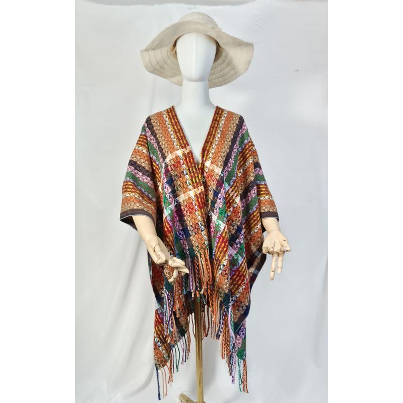 Mannequin wearing multicolor handwoven geometric diamond pattern fringe poncho wrap with wide-brim straw hat on white background - low MOQ 50pcs trial order