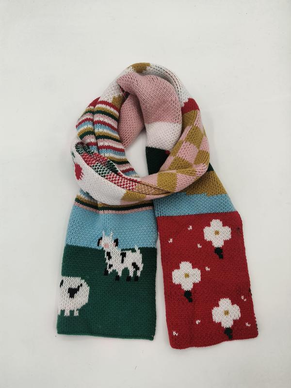 Colorful knitted scarf with sheep motifs, floral blocks, stripes, and patchwork panels in red, green, blue, and pink - wholesale price for Europe buyers