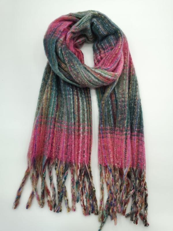Soft woven plaid scarf in pink and teal with multicolor fringe ends, looped and laid flat on white background - tiered pricing available ask quote