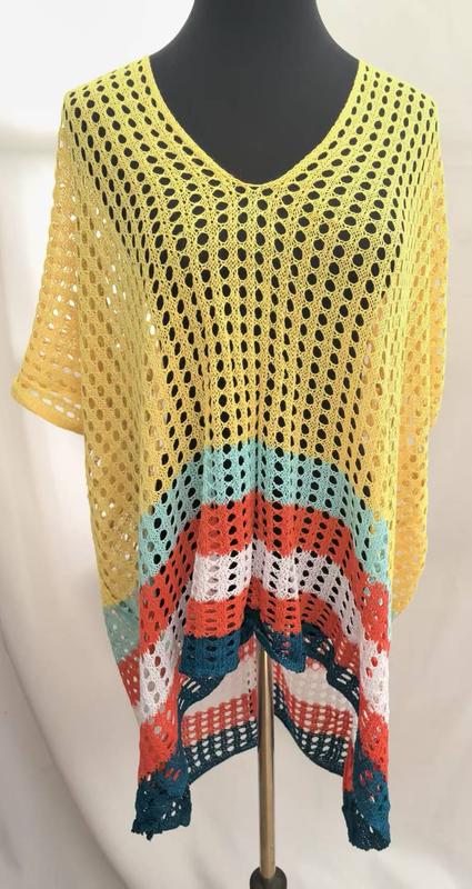 Yellow teal orange white striped crochet open-weave beach cover-up tunic top displayed on mannequin - retail buyer inquiry welcome - air shipping 5-7 days arrival