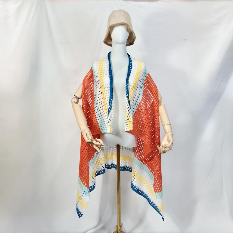 Mannequin wearing a multicolor striped crochet open-front kimono wrap in coral, white, blue, yellow, and teal - low MOQ 50pcs trial order