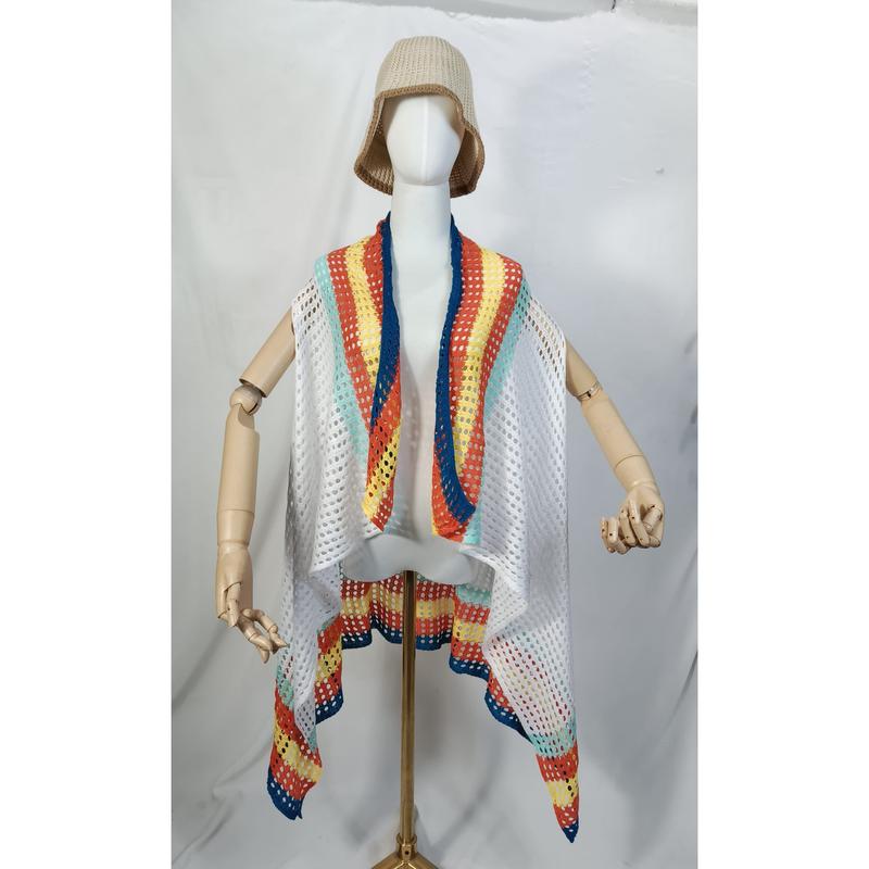White crochet mesh kimono vest with rainbow multicolor striped border displayed on mannequin with beige bucket hat - wholesale price for USA buyers