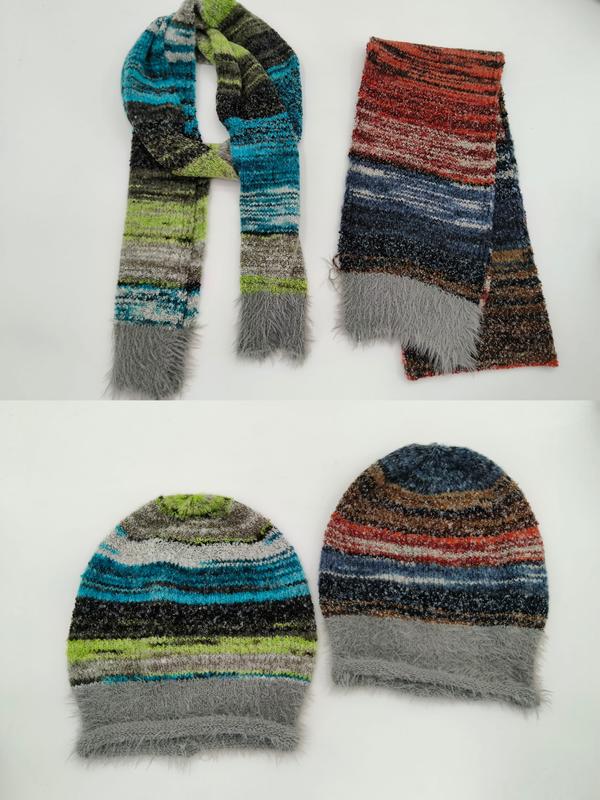 Two colorways of striped knit scarf and matching beanie hat set with fluffy faux fur trim, shown in teal-green and red-blue combinations - private label service available