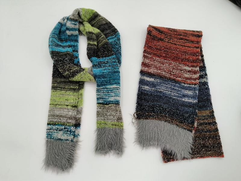 Two multicolor striped knit scarves with faux fur fringe ends, one in blue green gray tones and one in red blue brown tones - custom logo label accepted