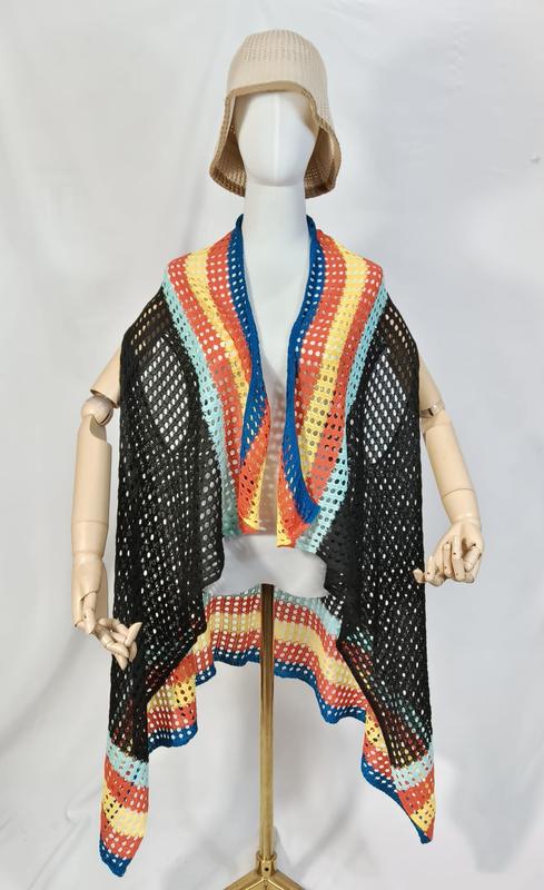 Mannequin wearing black and multicolor striped crochet mesh open-front vest with blue, orange, yellow, and teal stripes - free sample within 7 days