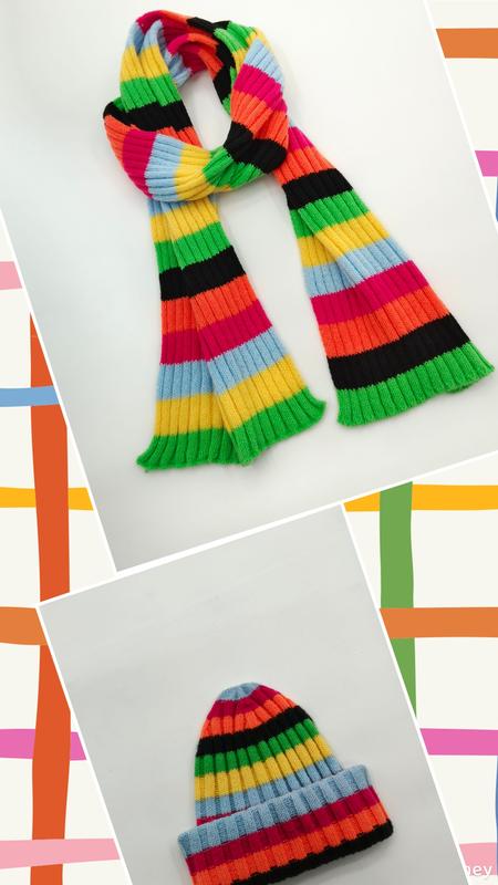 Bright multicolor striped ribbed knit scarf and matching beanie hat set with rainbow stripes in green, yellow, orange, pink, black, and blue - BSCI audit passed supplier
