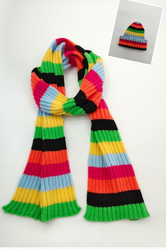 Ribbed knit scarf and beanie hat set with bold multicolor stripes in green, yellow, orange, pink, blue, and black - BSCI + Oeko-Tex + GRS certified