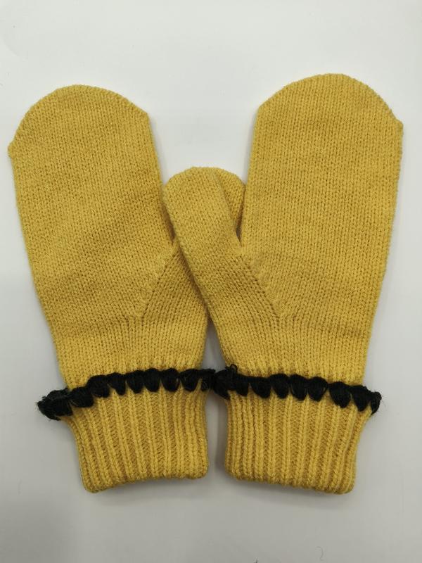 Pair of mustard yellow knitted winter mittens with ribbed cuffs and black decorative pom-pom trim detail - wholesale price for Middle East buyers